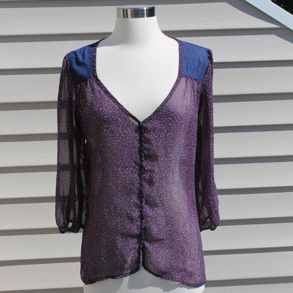 Lily Rose Women's Blouse Denim & Sheer Prairie Cottage Country Indie - Picture 4 of 13